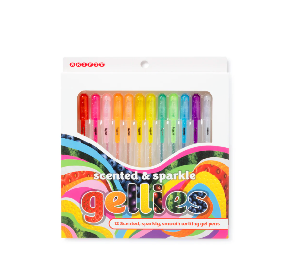 Pack of gellies scented and sparkling gel pens with colorful packaging on a white background