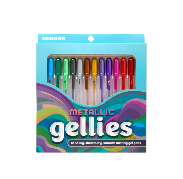 Pack of metallic gellies gel pens with colorful packaging on a white background