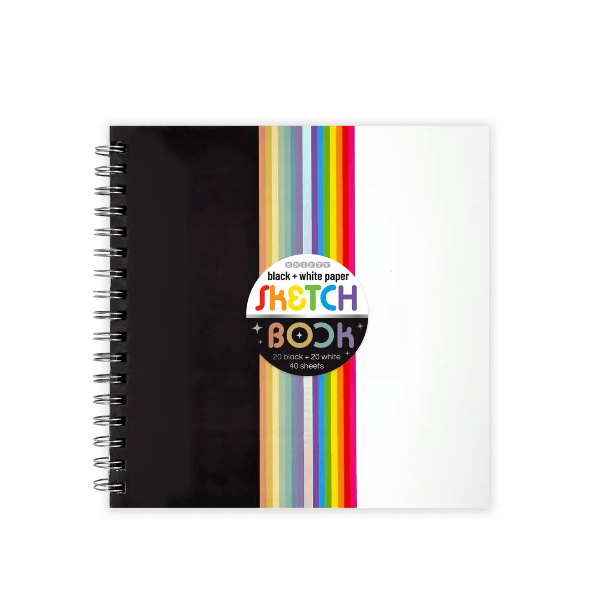 Sketchbook with black cover and rainbow stripe on a white background