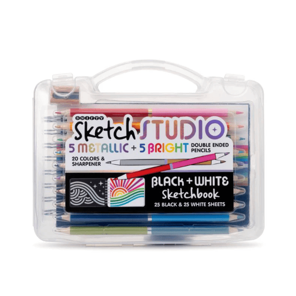 Sketch Studio art supply set with metallic, bright, and black &amp; white items in clear packaging.