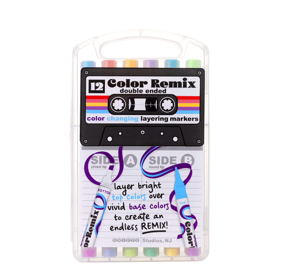 Packaged color-changing layering markers with a retro cassette tape design on a white background.