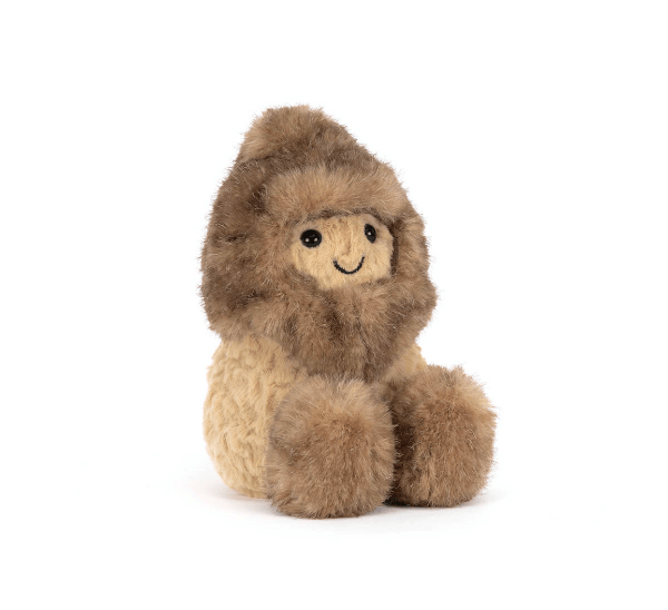 Plush toy resembling a character in a hooded outfit on a white background