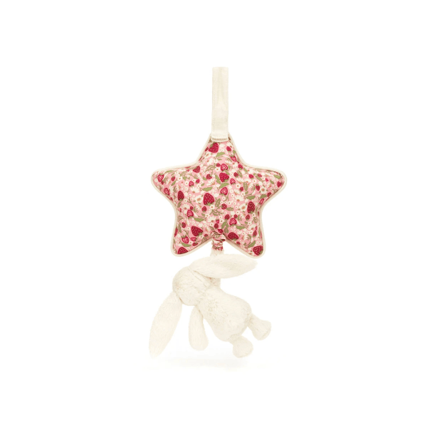 A fabric baby hanging toy featuring a star-shaped cushion with a red rose floral print and a plush cream bunny below, suspended by a cream ribbon on a white background.