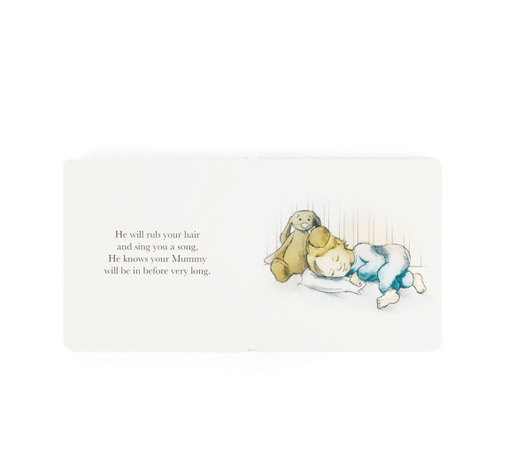A baby board book page featuring a soft watercolor illustration of a sleeping baby next to a teddy bear, with printed text on the left side of an off-white page.