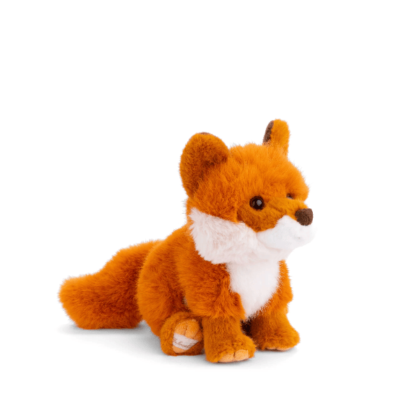 A plush toy fox in bright orange with a white chest, muzzle, and tail tip, sitting on a clean white background.