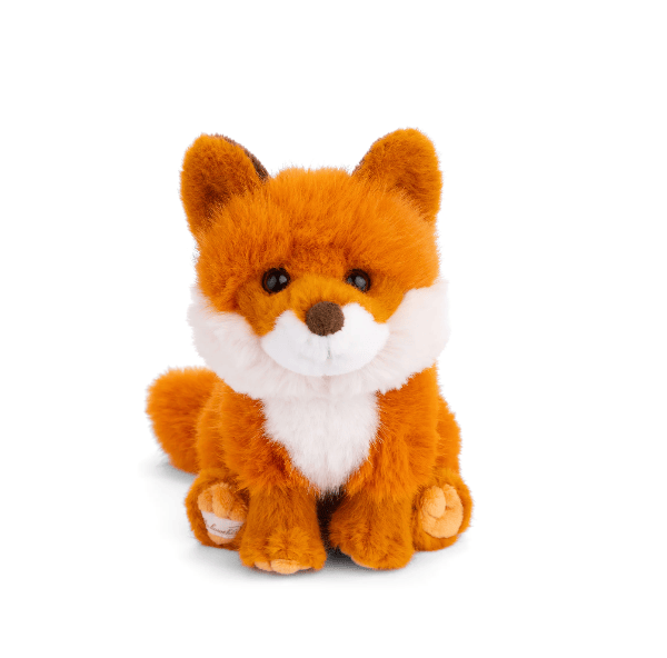 A plush toy fox in bright orange and white faux fur, sitting and facing forward on a clean white background.