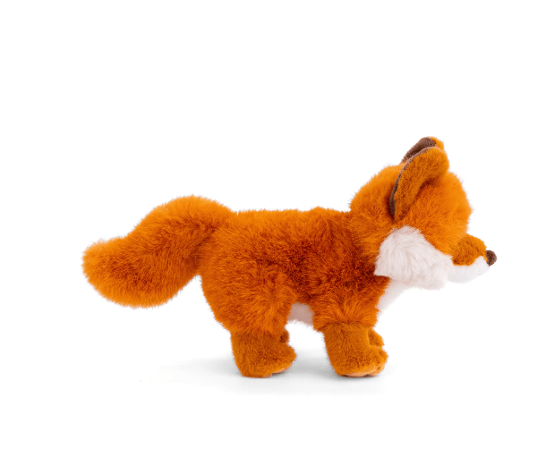 A plush toy fox in profile, made of soft orange-brown faux fur with a white chest and inner ears, photographed on a clean white background.