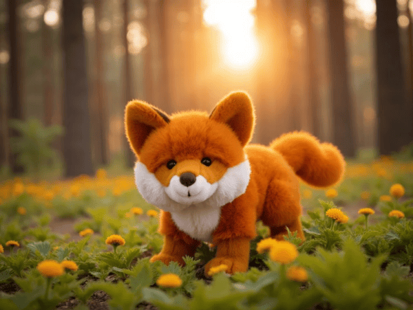 A plush toy fox with orange and white fur stands in a sunlit forest clearing filled with small yellow flowers.