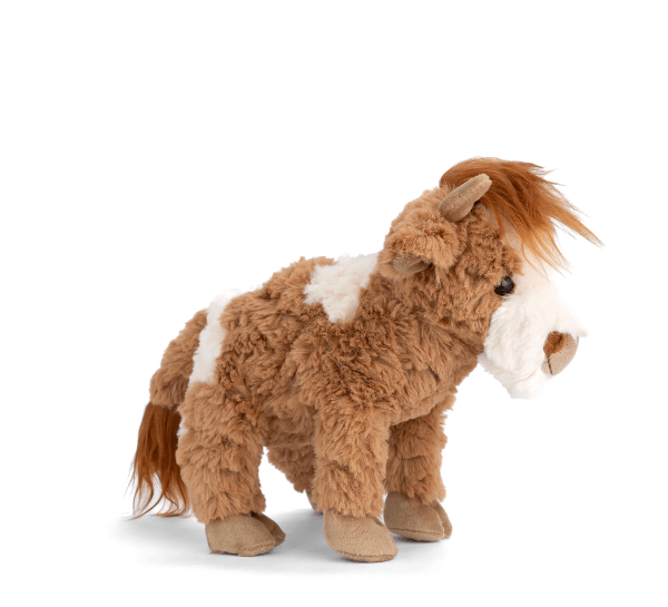 A plush toy cow with brown and white patches, standing on a clean white background.