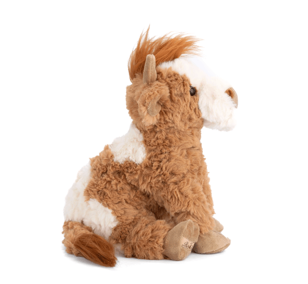 A plush toy cow with brown and white patches, sitting on a clean white background.