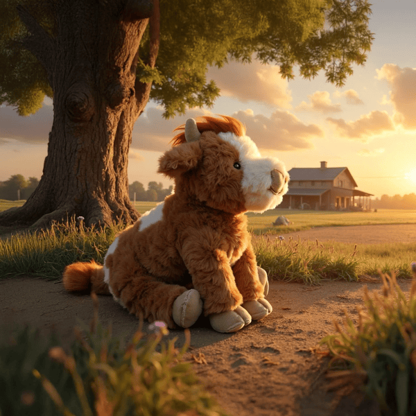A plush toy cow with brown and white fur sits on a dirt path under a large tree in a sunny, rural outdoor setting with a farmhouse in the background.
