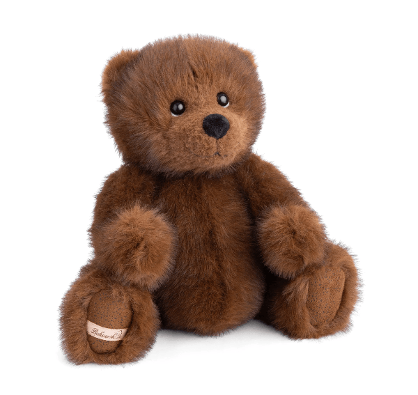 A brown plush teddy bear sitting upright against a plain white background. The bear has dark eyes, a black nose, and a small beige fabric tag on one paw.