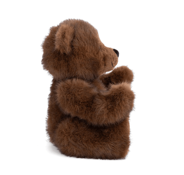 A plush brown teddy bear toy shown from the back, sitting with its arms folded, on a clean white background.
