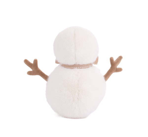 A plush snowman toy viewed from the back, featuring fluffy off-white body and head, brown twig-like arms, and a light beige scarf with small pearl-like beads, isolated on a white background.
