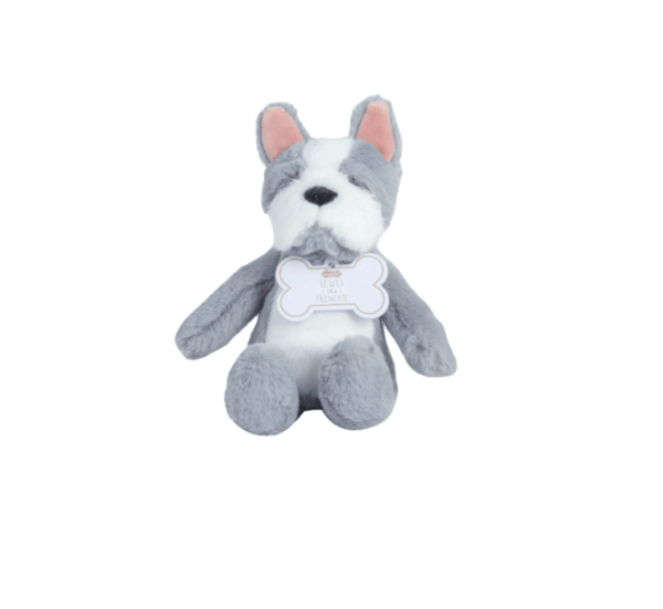 A plush dog toy in gray and white with pink inner ears and a bone-shaped tag reading &