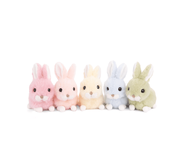 Five small plush bunny toys lined up side by side on a plain white background. The bunnies are pastel pink, peach, cream, light blue, and sage green, each with black bead eyes and small white paws.