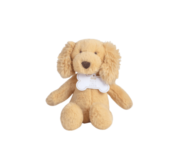 A small plush dog toy in light tan with floppy ears, a dark brown stitched nose and eyes, and a white bone-shaped tag around its neck, shown on a plain white background.