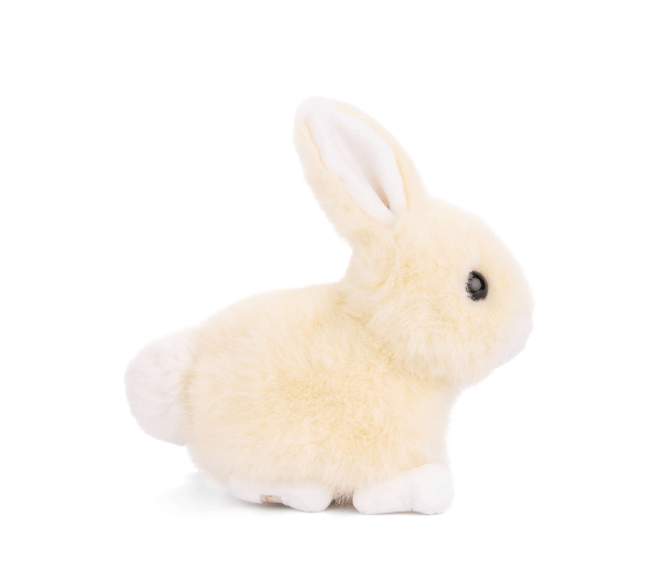 A small plush bunny toy in pale cream with white feet and inner ears, photographed on a clean white background.