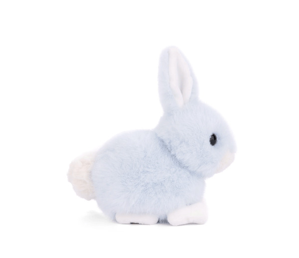 A light blue plush bunny toy with white inner ears, white paws, and a white tail, shown from the side on a plain white background.