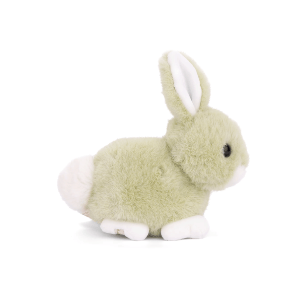 A plush stuffed bunny toy in a pale sage green color with white inner ears, feet, and tail, shown from a side profile on a clean white background.