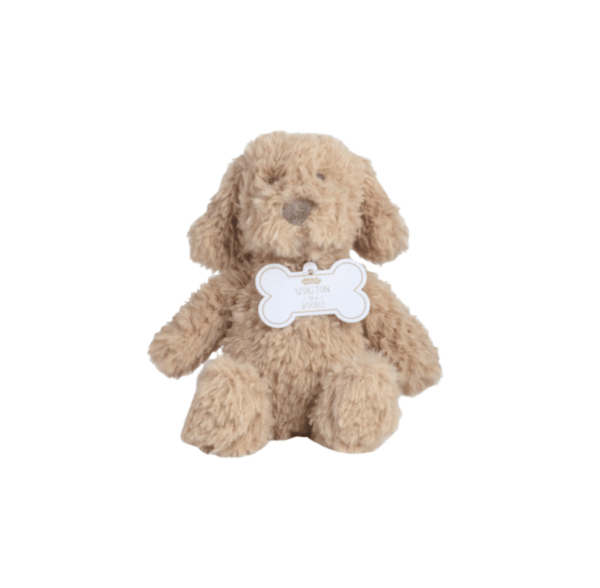 A plush stuffed dog toy in light tan fur with a white bone-shaped tag reading &