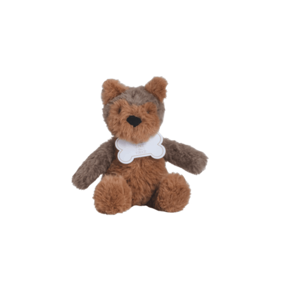 A small plush Yorkie toy with brown and gray fur, a black nose, and a white bone-shaped bib, centered on a plain white background.