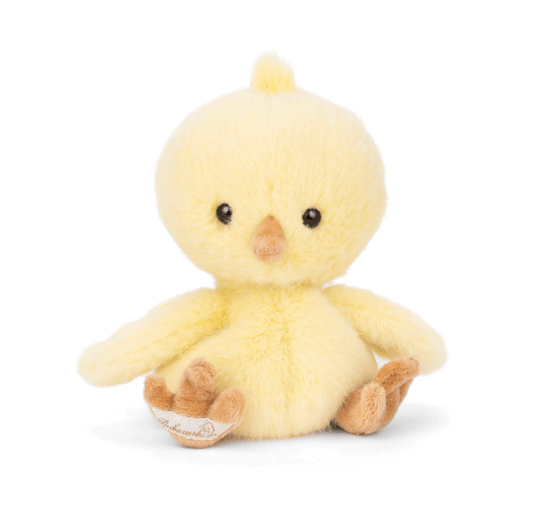 A soft yellow plush baby chick toy with a small orange beak and feet, sitting on a white background.