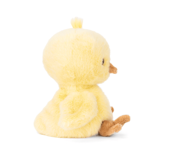 A yellow plush duck toy shown from the back, featuring soft yellow fur, small brown feet, and a brown beak, photographed on a clean white background.