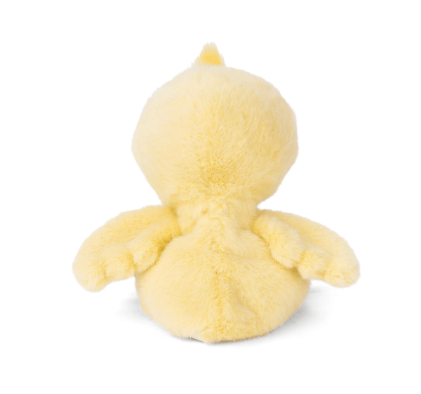 A soft yellow plush duck toy shown from the back, photographed on a clean white background.
