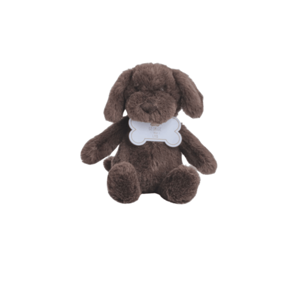A brown plush dog toy with floppy ears and a white bone-shaped tag on its chest, centered against a plain white background.
