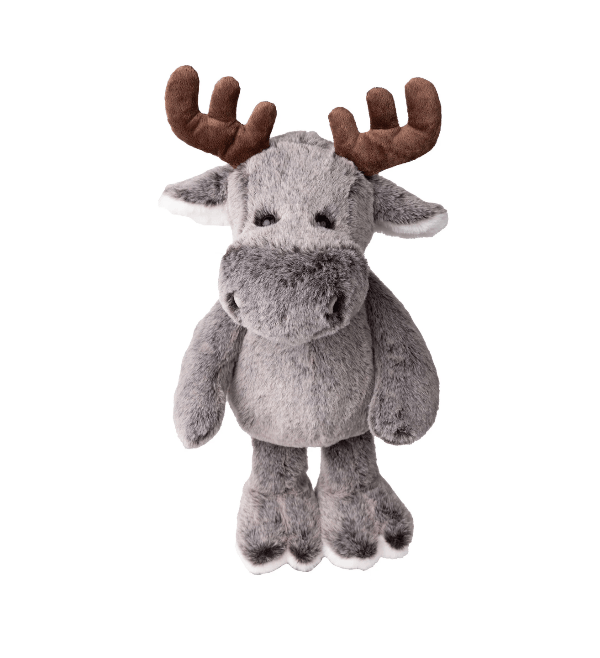A plush stuffed moose toy with a gray body, brown antlers, and white inner ears and paw pads, centered on a plain white background.