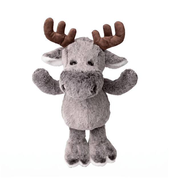 A plush moose toy with brown antlers, a gray body, and white accents on its ears, muzzle, and feet, photographed against a plain white background.