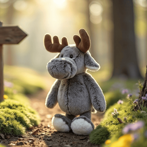 A plush moose toy with brown antlers and white feet sits on a forest path surrounded by green moss and soft sunlight.