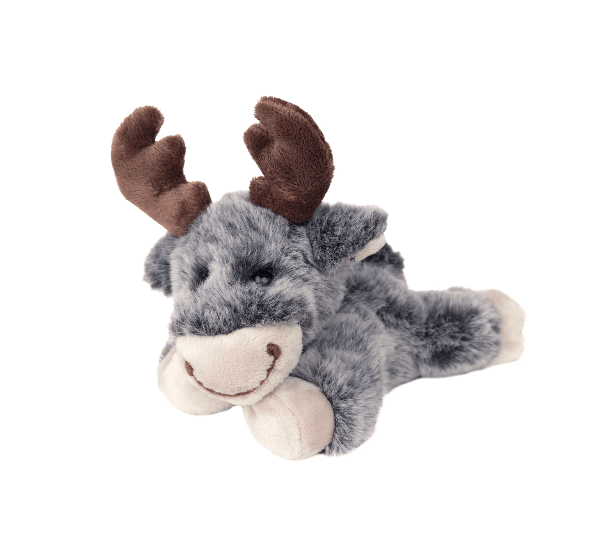 A plush stuffed moose toy lying down, featuring gray faux fur, brown antlers, a cream-colored snout and feet, and embroidered facial details, isolated on a white background.