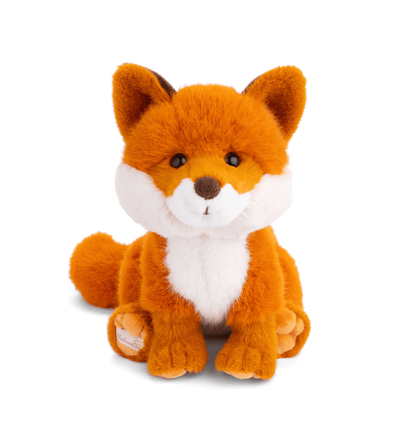 A plush toy fox sitting down, featuring orange and white fur, dark brown eyes, and a small stitched nose, photographed on a clean white background.