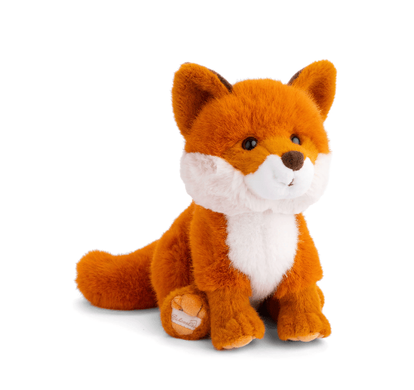 A plush toy fox in bright orange and white, sitting on a seamless white background.