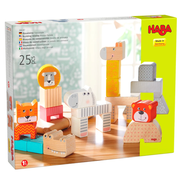 HABA 25-piece animal construction toy set in its original retail packaging, featuring colorful animal-shaped blocks and building pieces on a white and lime green box.