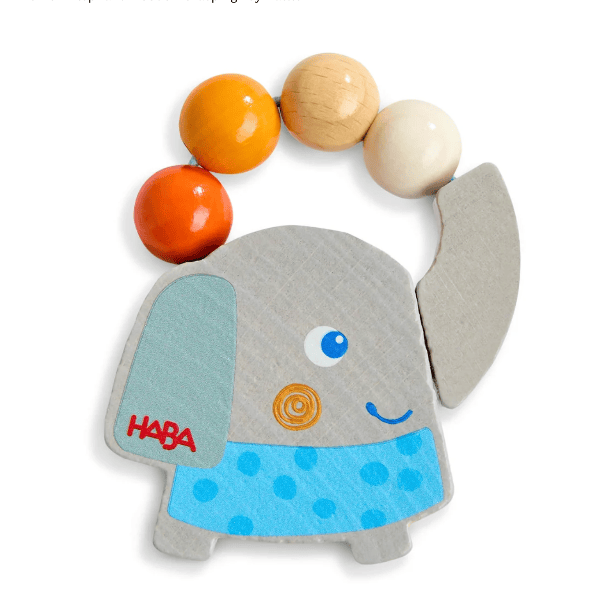A HABA wooden elephant baby teething toy with colorful wooden beads on a white background.