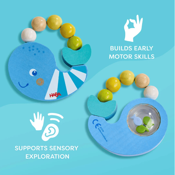 Two HABA wooden sensory toys on a bright blue background, one with colorful wooden beads and one with a clear ball compartment. White text and icons read &