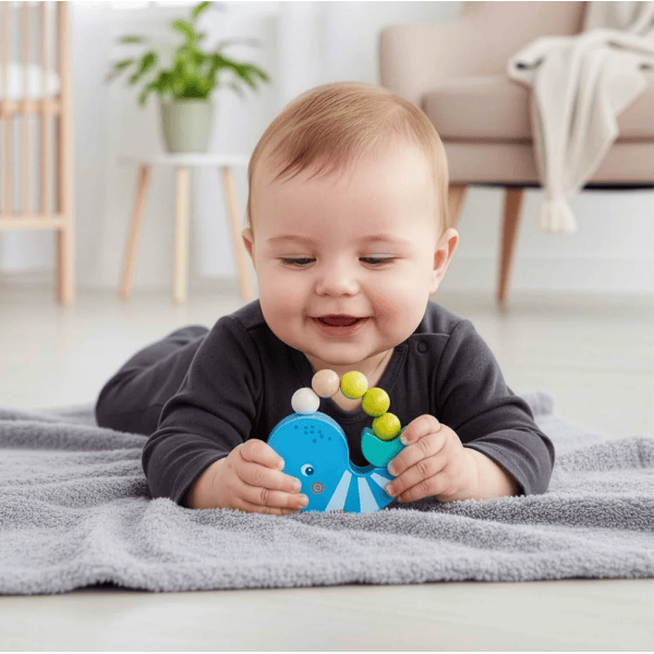 A baby lying on a gray blanket in a bright room, smiling while playing with a blue whale-shaped toy that has a beaded arm.