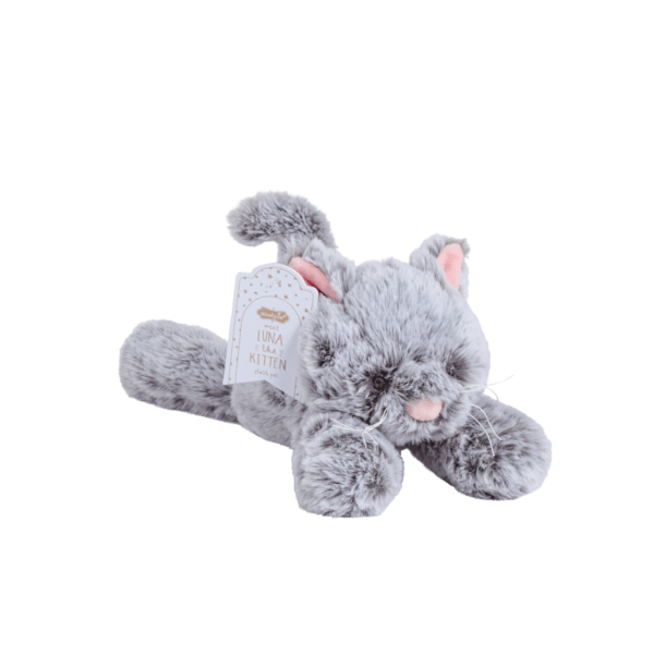 A plush gray kitten toy lying on its side, with pink inner ears and nose, a small white hangtag, and a plain white background.