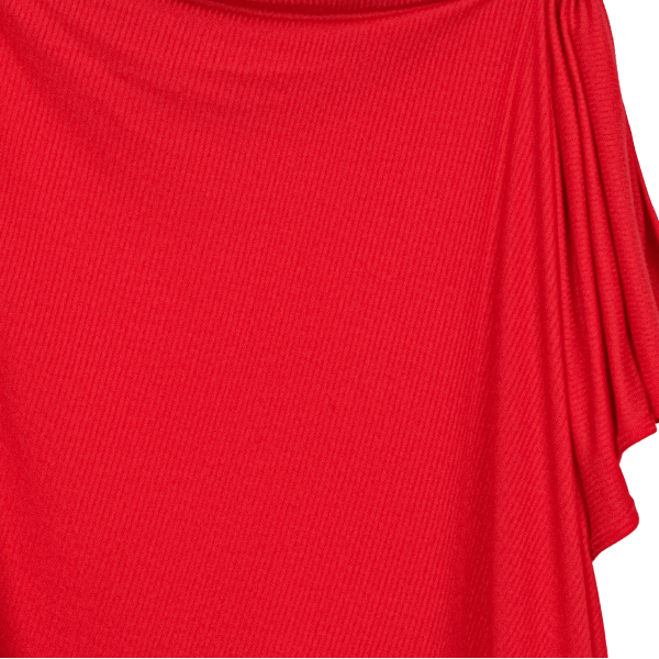 A close-up of a bright red ribbed knit top, showing the texture and draped sleeve detail against a white background.