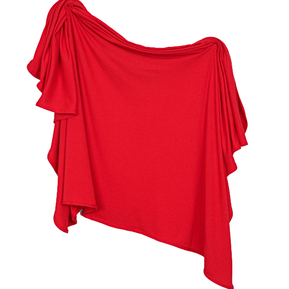A bright red draped knit top with an asymmetrical one-shoulder design, shown against a plain white background.