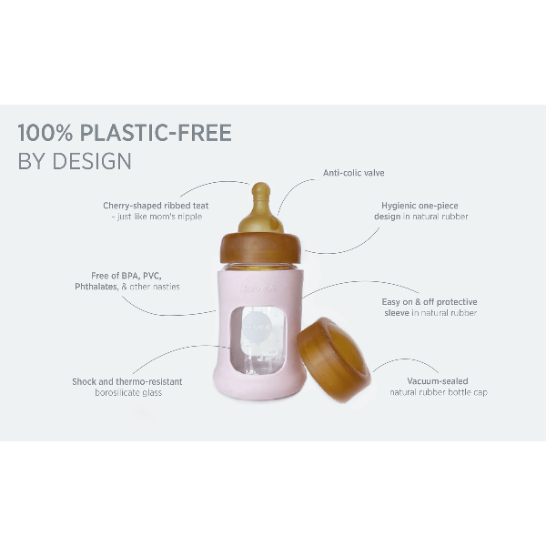 Hevea Wide Neck Baby Glass Bottle with Sleeve- 150ML/5OZ, single Glass Bottle Hevea