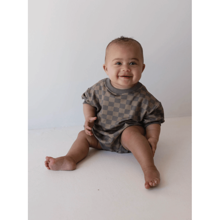 Forever French Baby Short Sleeve Romper- Faded Brown Checkerboard Romper Forever French Baby