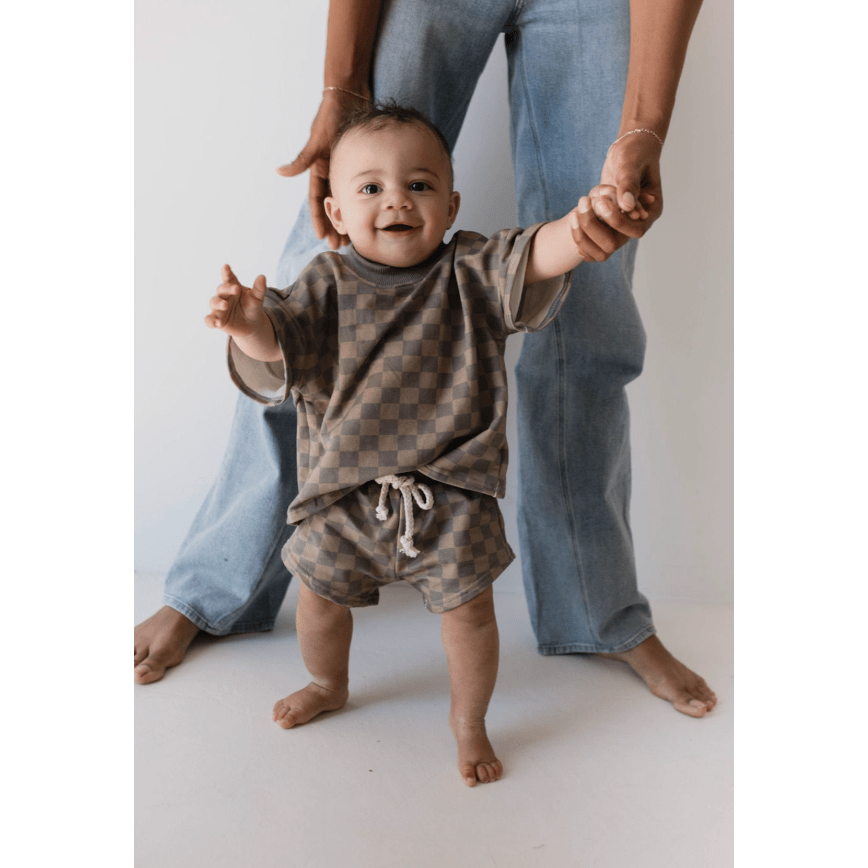 Forever French Baby Short Set- Faded Brown Checkerboard Short Set Forever French Baby