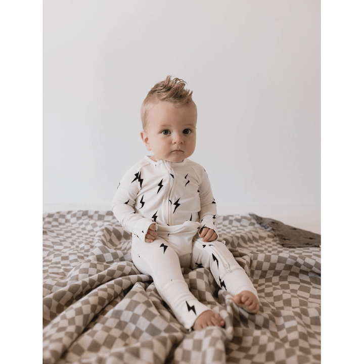Forever French Baby Bamboo Zip Pajamas- White & Black Lightning Bolt Romper Forever French Baby