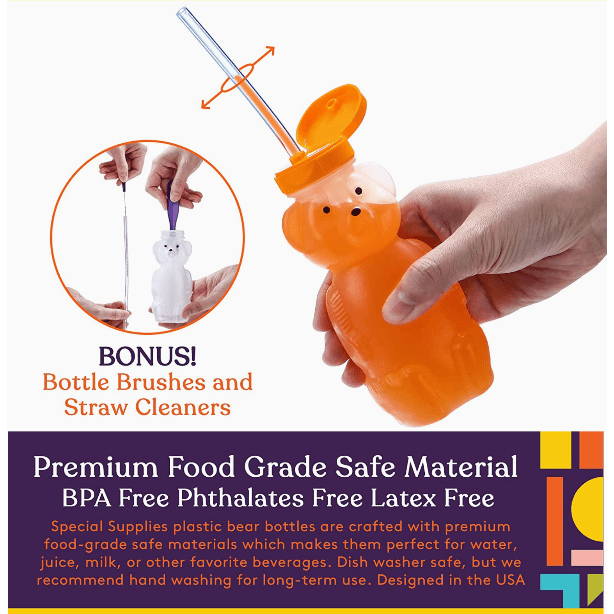 Juice Bear Honey Bear Bottle Drinking Cup with Long Straws- 8oz. Bottles & Sippies Special Supplies