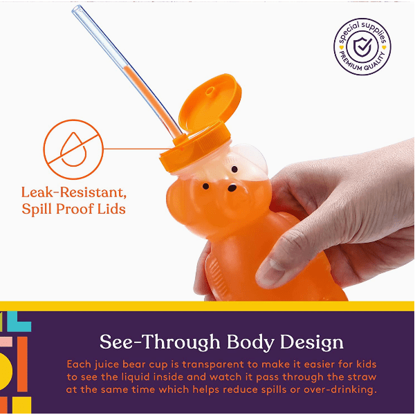 Juice Bear Honey Bear Bottle Drinking Cup with Long Straws- 8oz. Bottles & Sippies Special Supplies