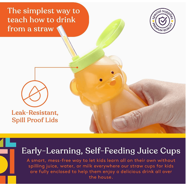 Juice Buddies Honey Bear Drinking Cup with Long Straws- 4 Pack Bottles & Sippies Special Supplies